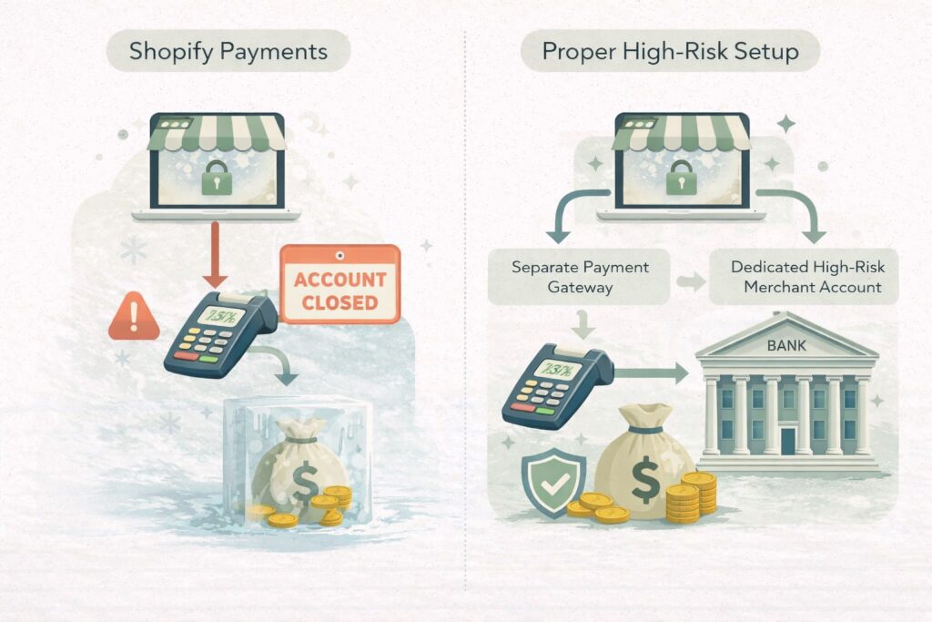 Payment Flow Diagram Showing Shopify Storefront Connected To A High-Risk Merchant Account And Third-Party Payment Gateway Instead Of Shopify Payments